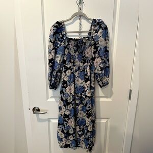J Crew XS Blue Floral Puff Sleeve Dress